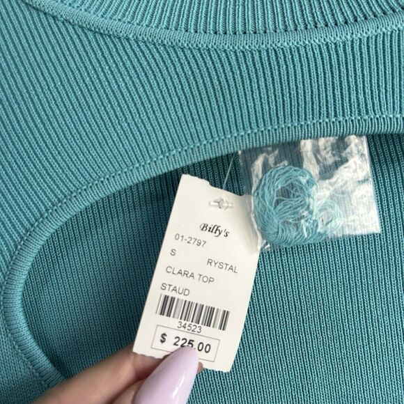 STAUD Clara Knit Top Long Sleeve Small Turquoise Heart Cutout Ribbed Knit NWT - Picture 6 of 9